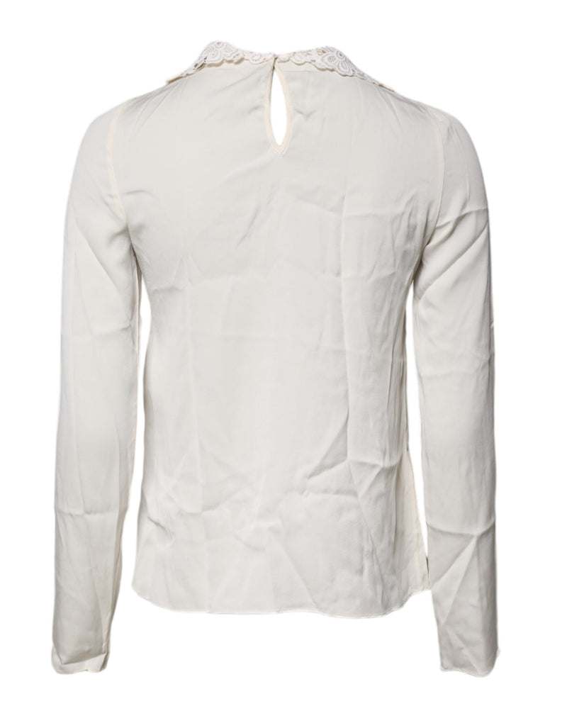 Dolce & Gabbana Blouse Top en Dentelle Florale Crème à Manches Longues