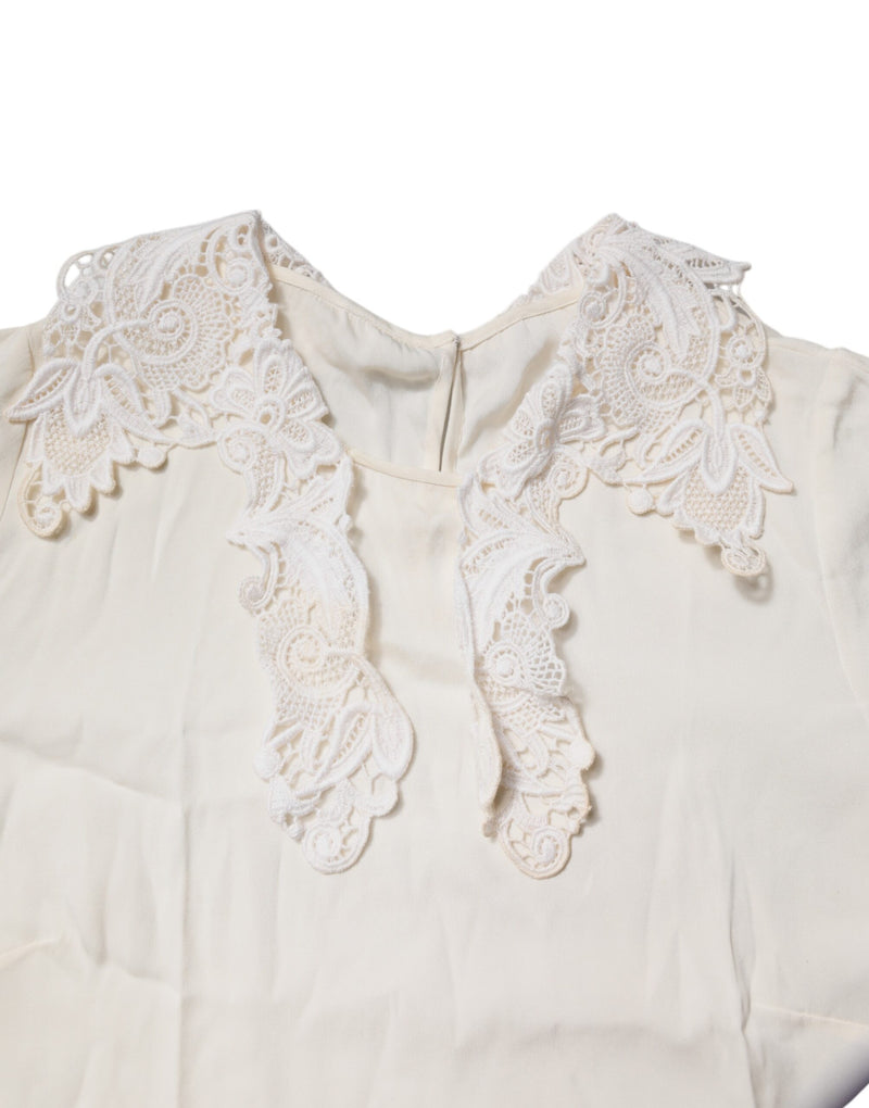 Dolce & Gabbana Blouse Top en Dentelle Florale Crème à Manches Longues
