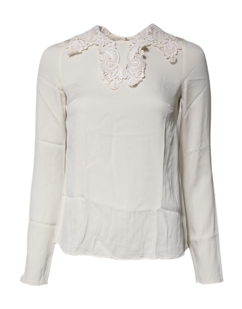Dolce & Gabbana Blouse Top en Dentelle Florale Crème à Manches Longues