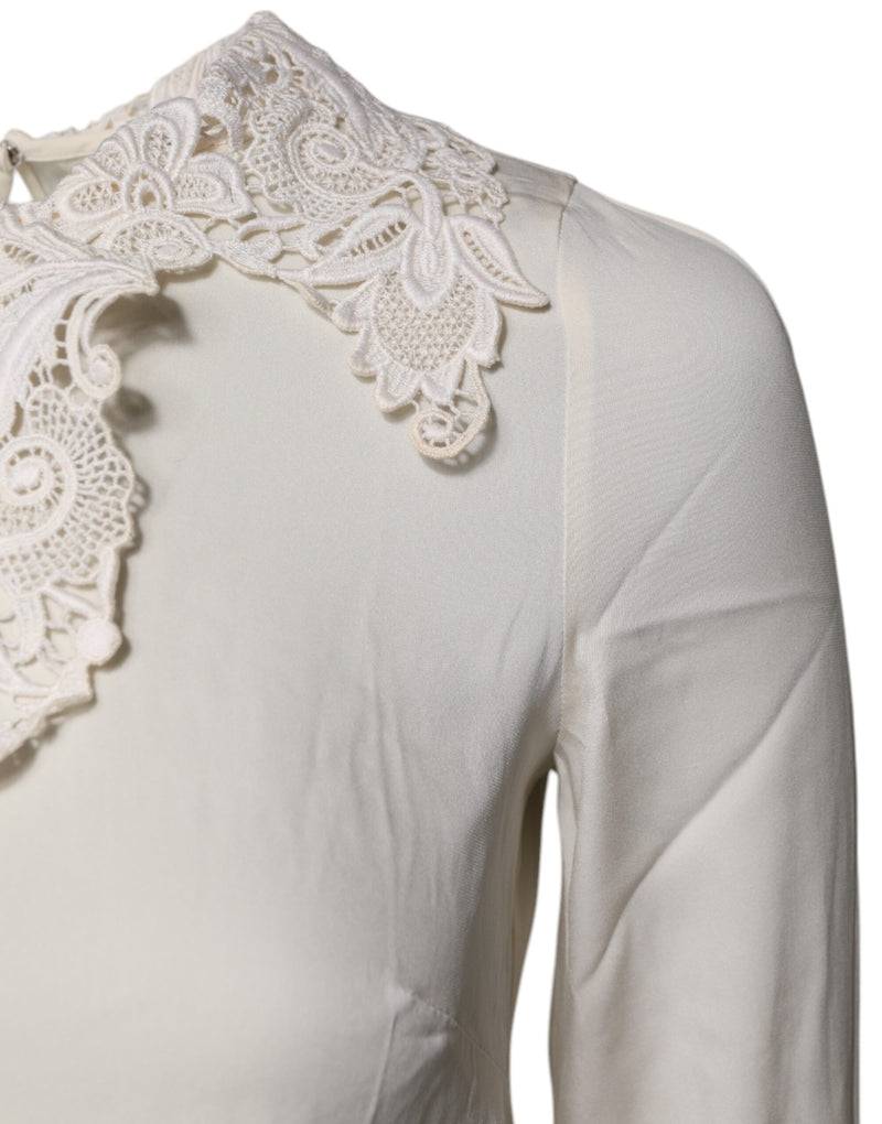 Dolce & Gabbana Blouse Top en Dentelle Florale Crème à Manches Longues