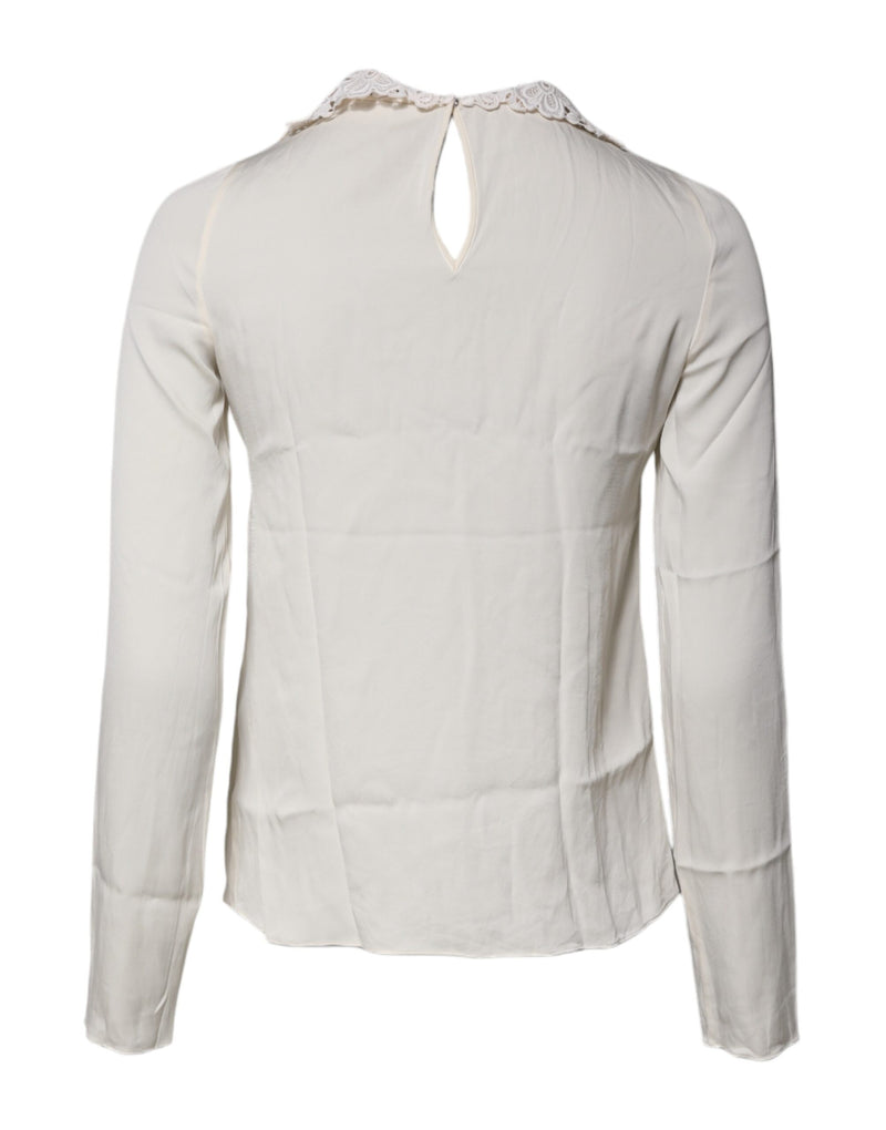 Dolce & Gabbana Blouse Top en Dentelle Florale Crème à Manches Longues