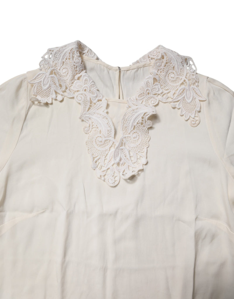 Dolce & Gabbana Blouse Top en Dentelle Florale Crème à Manches Longues
