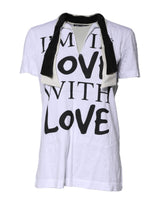 Dolce & Gabbana White Cotton Silk Blend Ascot Collar T-shirt