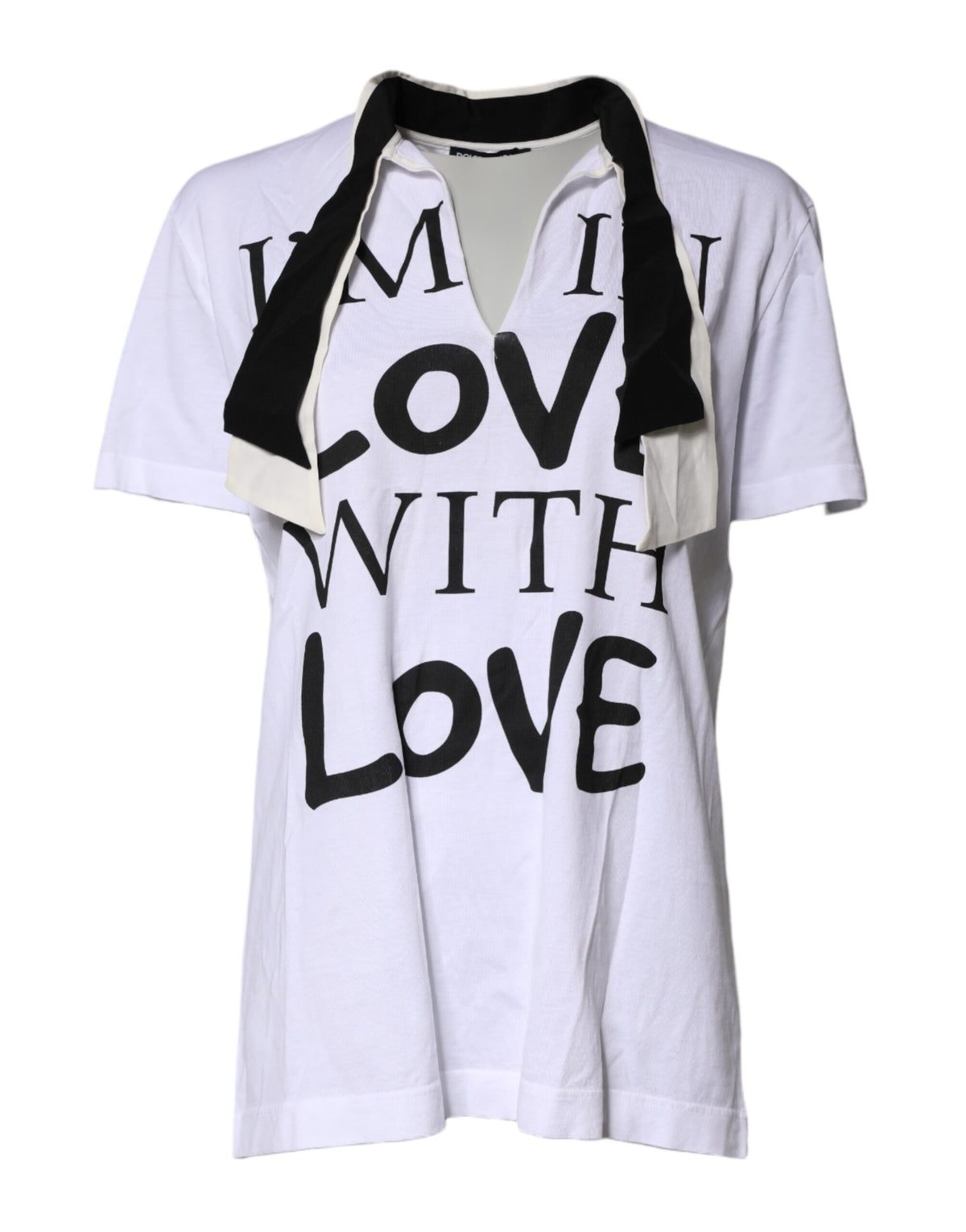 Dolce & Gabbana T-shirt Blanc en Mélange de Coton et Soie avec Col Ascot