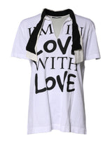 Dolce & Gabbana T-shirt Blanc en Mélange de Coton et Soie avec Col Ascot