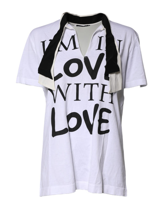 Dolce & Gabbana T-shirt Blanc en Mélange de Coton et Soie avec Col Ascot