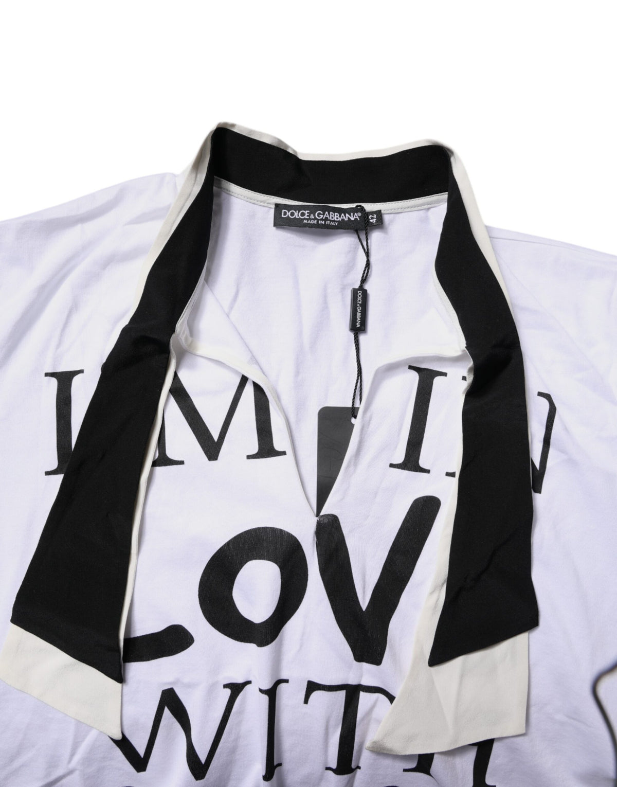 Dolce & Gabbana T-shirt Blanc en Mélange de Coton et Soie avec Col Ascot