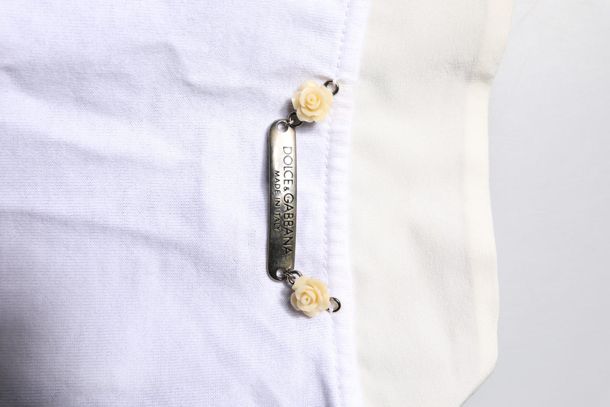 Dolce & Gabbana T-shirt Blanc en Mélange de Coton et Soie avec Col Ascot