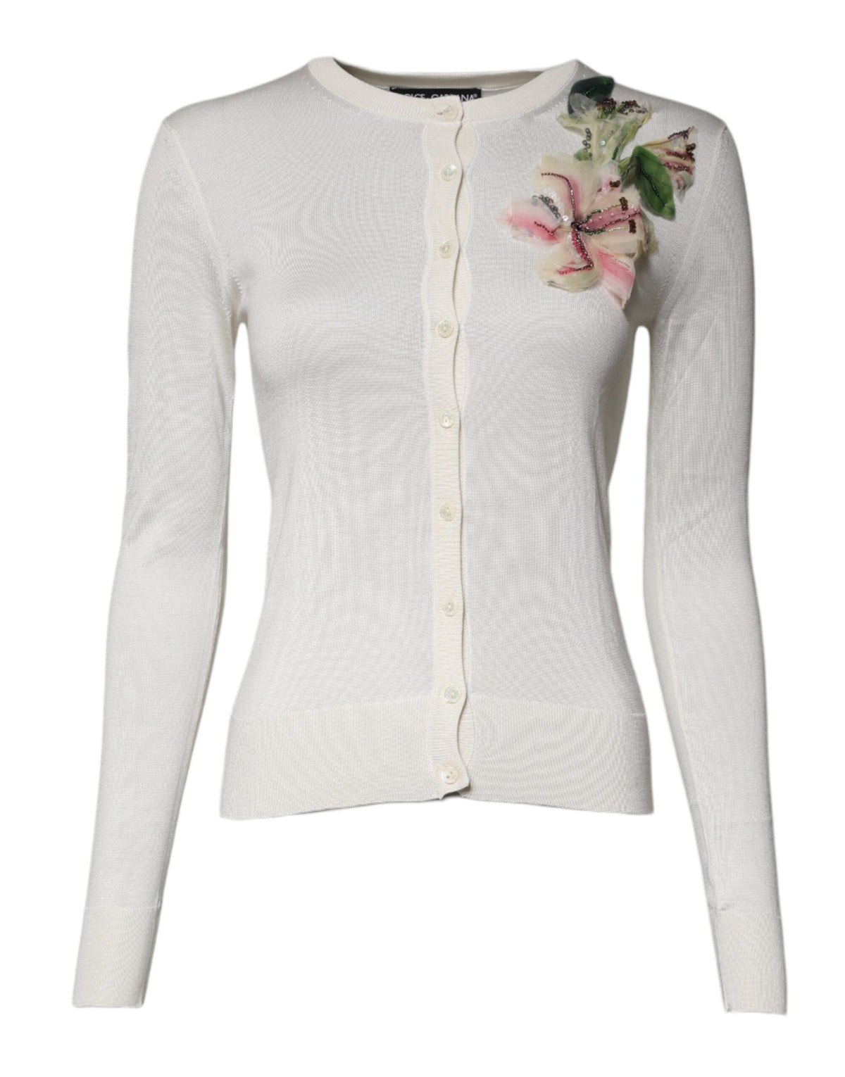Dolce & Gabbana Cardigan en Soie Écru avec Fleur