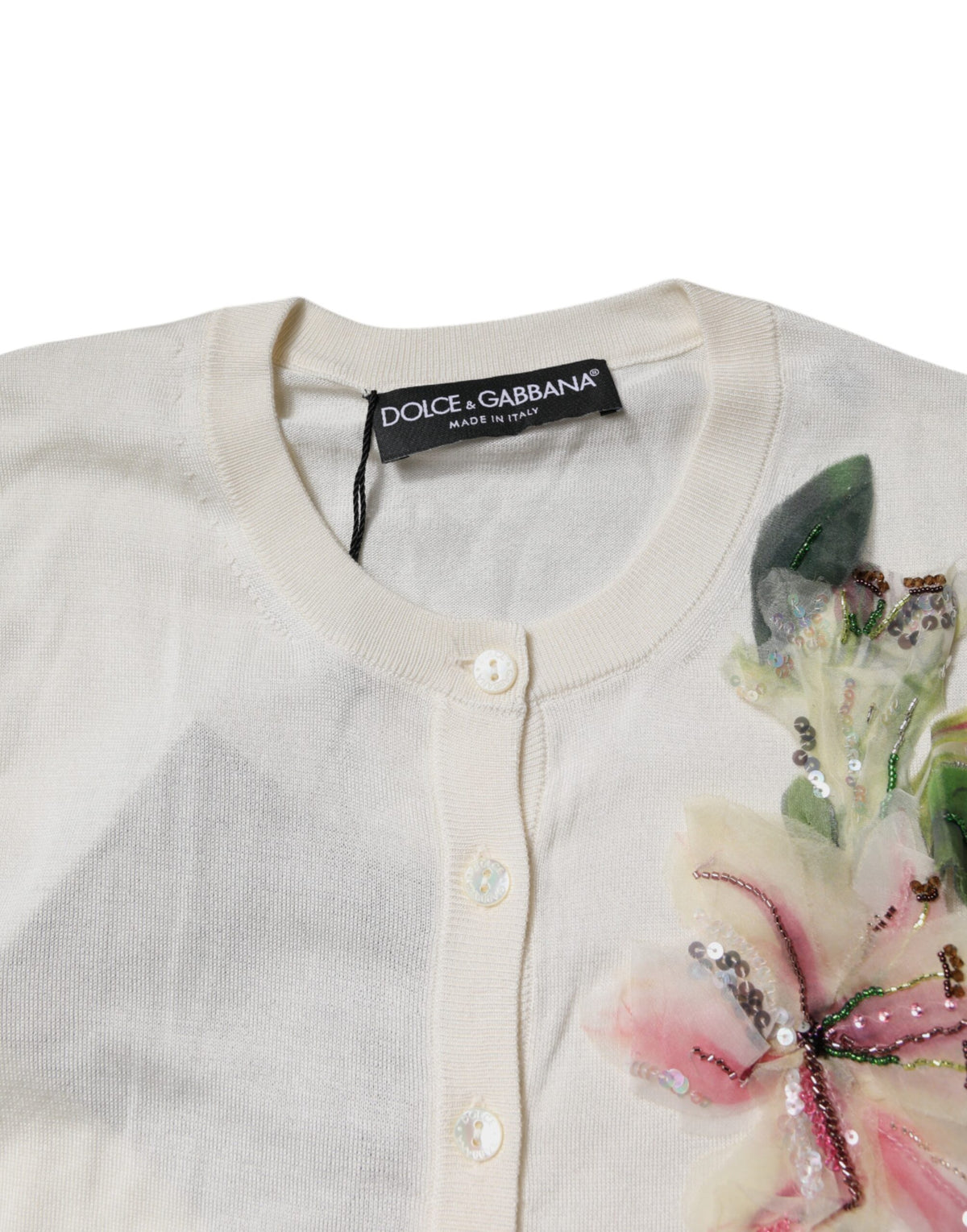 Dolce & Gabbana Cardigan en Soie Écru avec Fleur