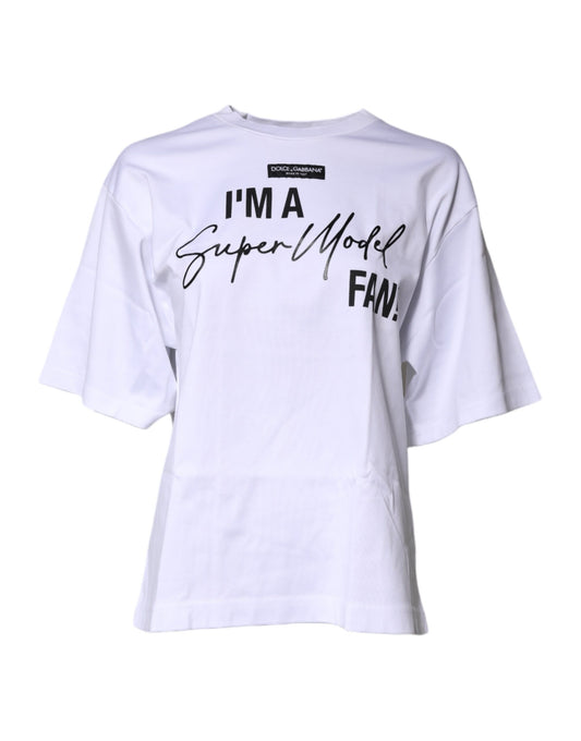 Dolce & Gabbana White Printed Cotton Round Neck Top T-shirt