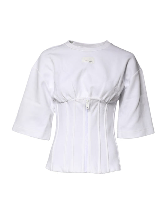 Dolce & Gabbana Blouse Top en Mélange de Coton Blanc à Manches 3/4