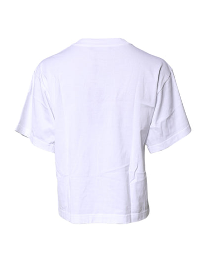 Dolce & Gabbana White Printed Round Neck Top Cotton T-shirt
