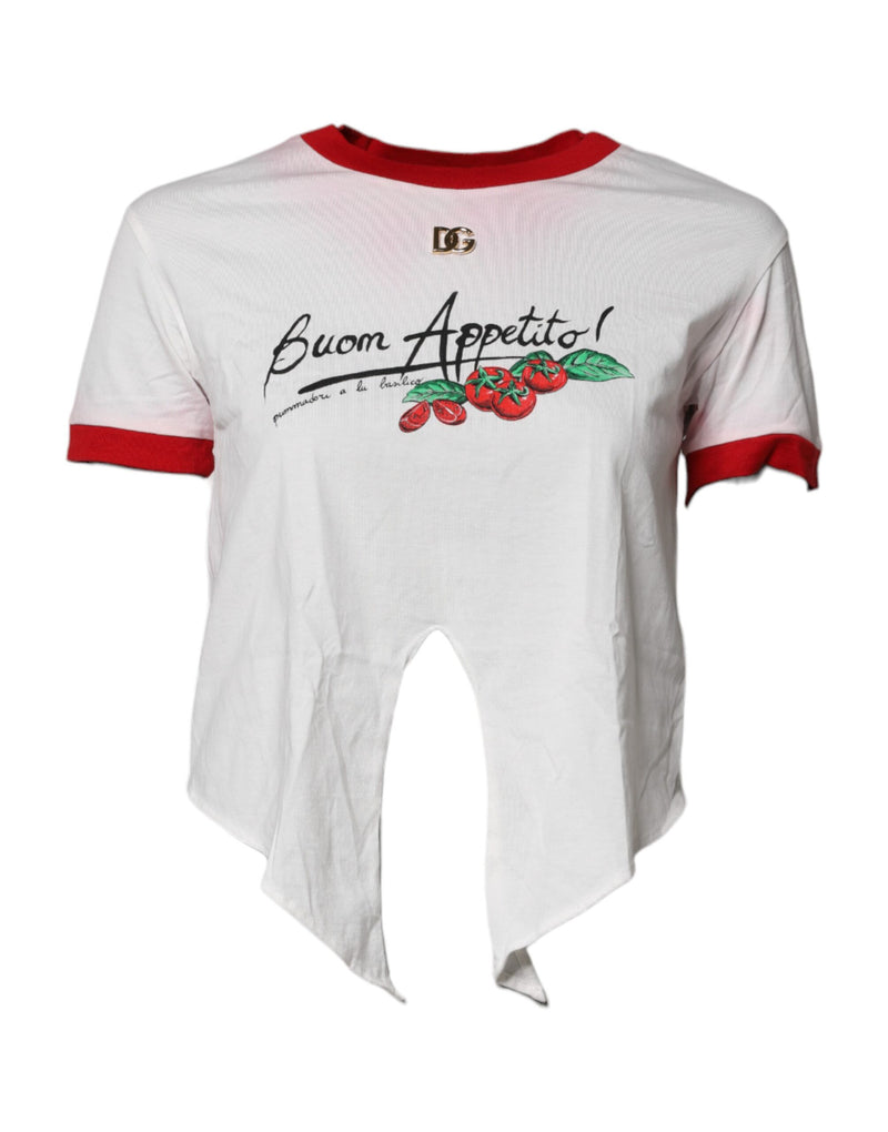 Dolce & Gabbana White Printed Round Neck Cropped Top T-shirt