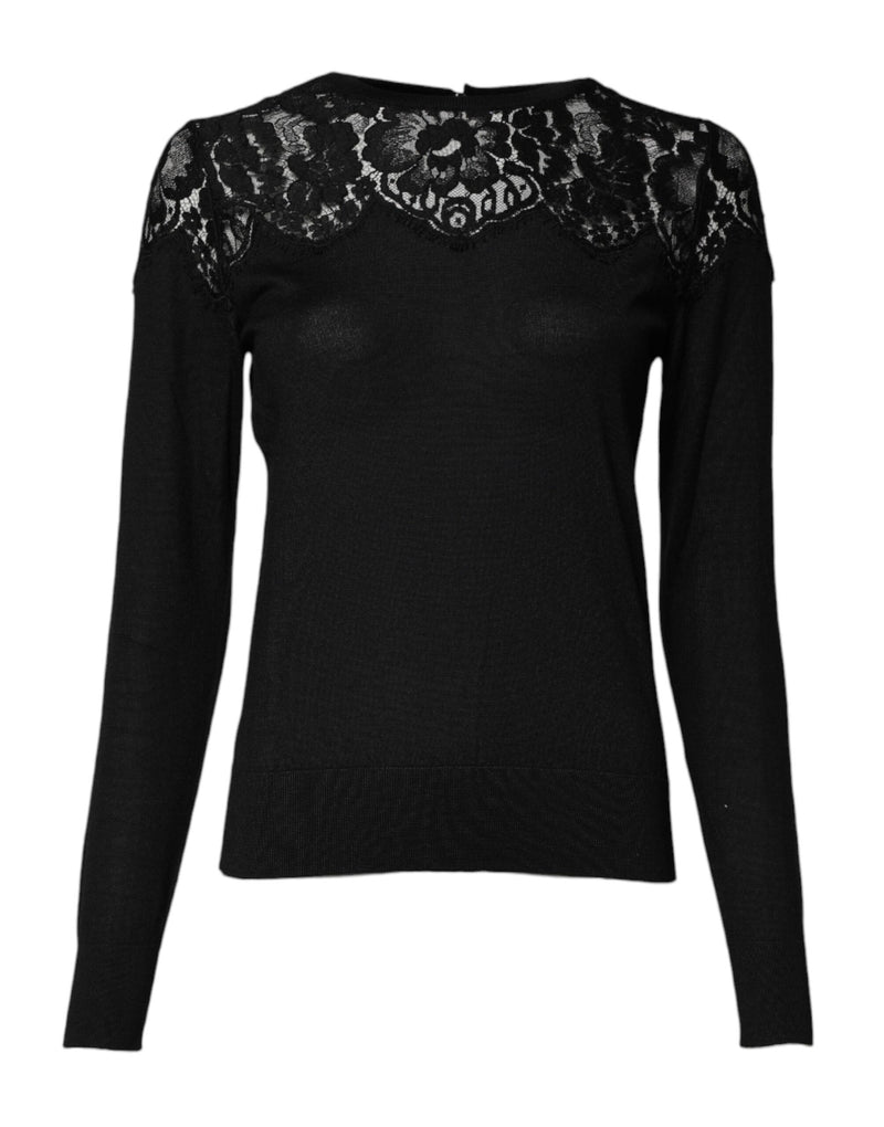 Dolce & Gabbana Blouse Top en Dentelle Florale Noire à Manches Longues