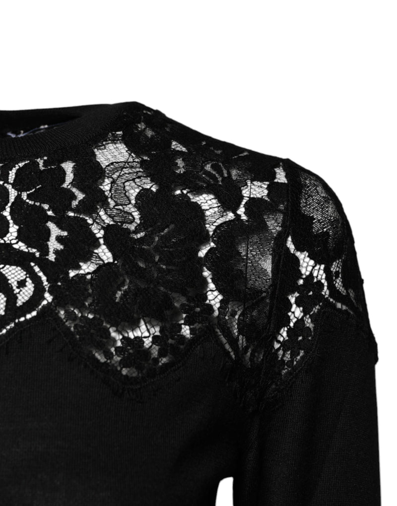 Dolce & Gabbana Blouse Top en Dentelle Florale Noire à Manches Longues