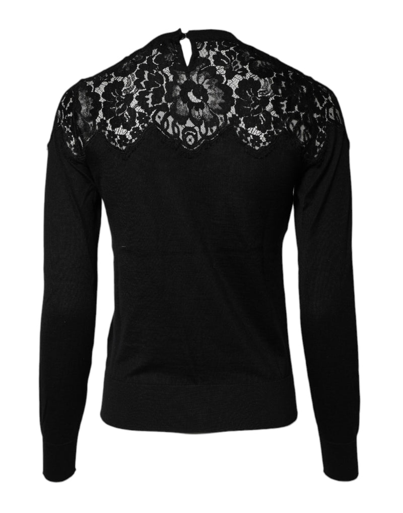 Dolce & Gabbana Blouse Top en Dentelle Florale Noire à Manches Longues