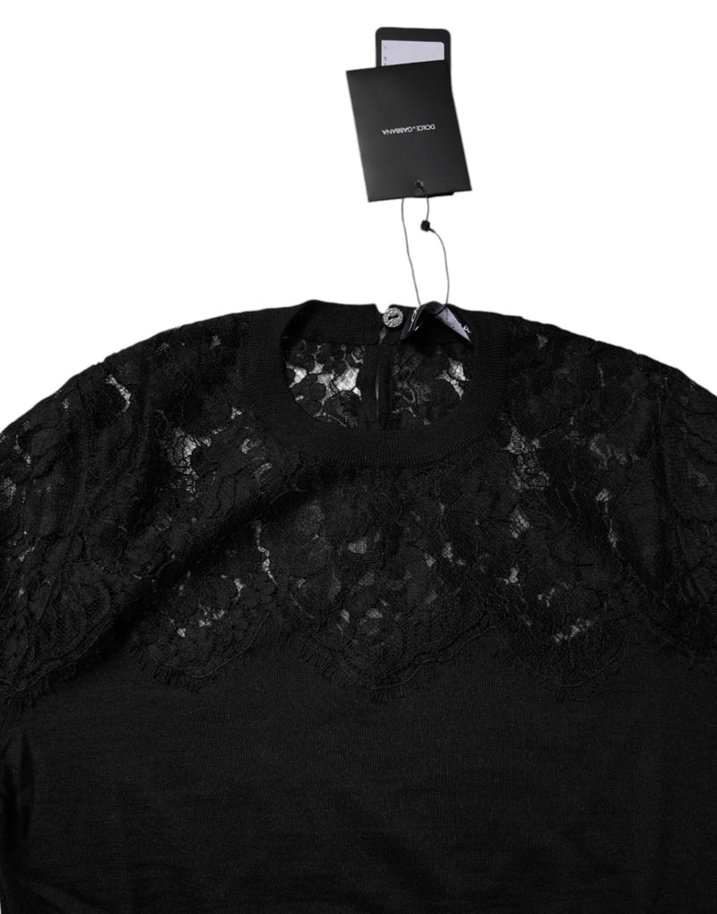 Dolce & Gabbana Blouse Top en Dentelle Florale Noire à Manches Longues