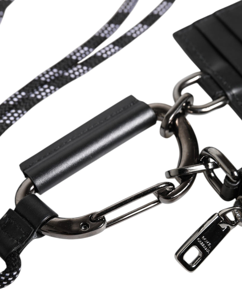 Dolce & Gabbana Black Leather Lanyard Zip Around Card Holder Wallet