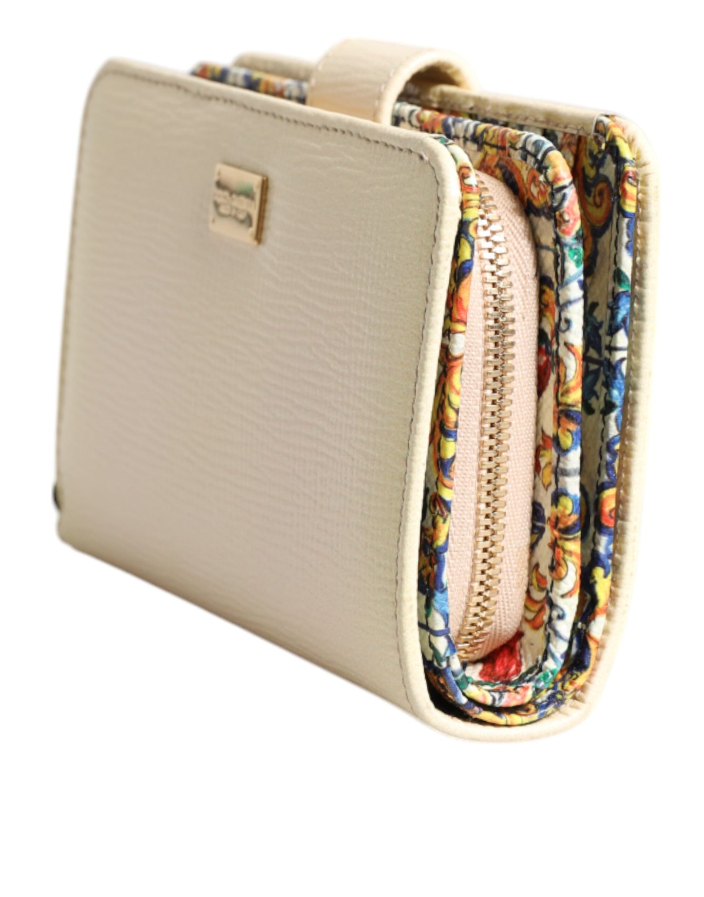 Portefeuille compact Dolce & Gabbana en cuir de veau ivoire avec plaque logo