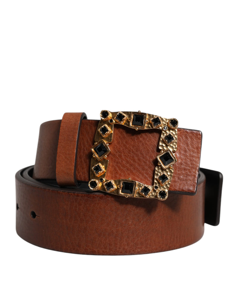 Dolce &amp; Gabbana Bruine Leren Riem met Gouden Kristallen Gesp