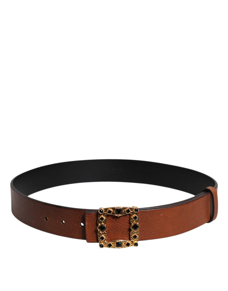 Dolce &amp; Gabbana Bruine Leren Riem met Gouden Kristallen Gesp