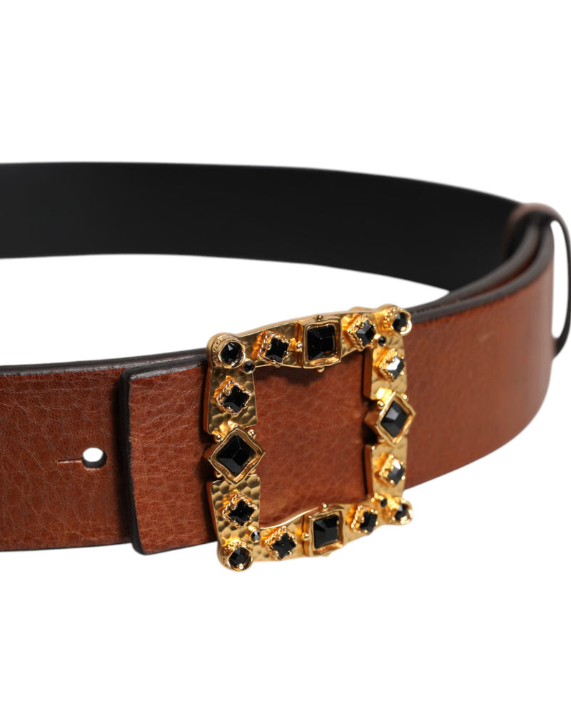 Dolce &amp; Gabbana Bruine Leren Riem met Gouden Kristallen Gesp