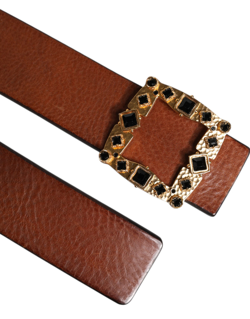 Dolce &amp; Gabbana Bruine Leren Riem met Gouden Kristallen Gesp