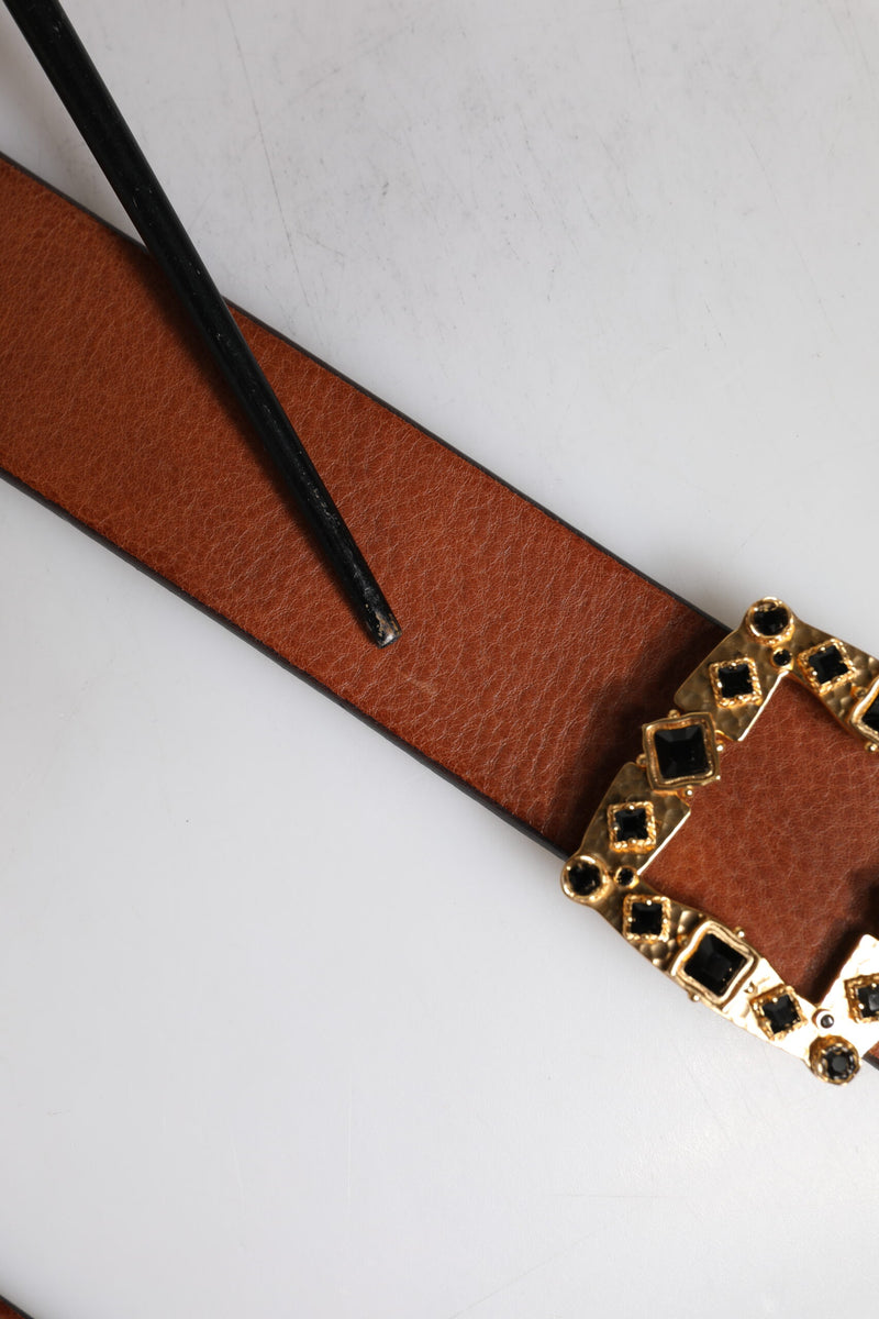 Dolce &amp; Gabbana Bruine Leren Riem met Gouden Kristallen Gesp