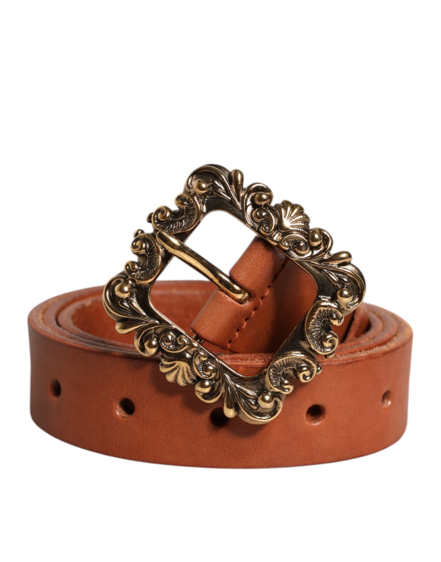 Dolce &amp; Gabbana Bruine Leren Gouden Metalen Barokke Gesp Riem