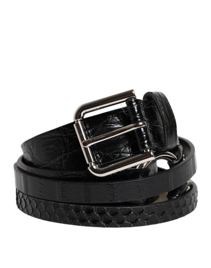 Dolce &amp; Gabbana Zwarte Exotische Lederen Metalen Logo Gesp Riem