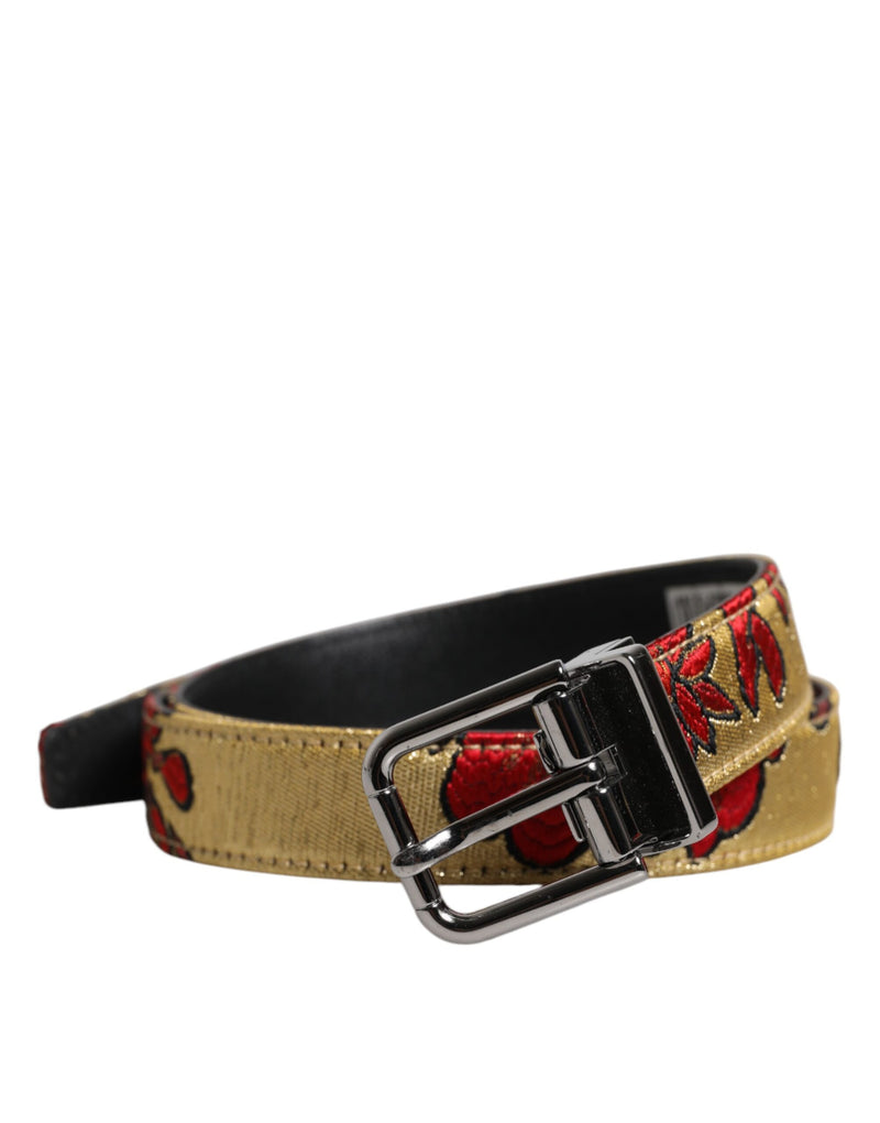 Dolce &amp; Gabbana gouden bloemen jacquard leren metalen gesp riem