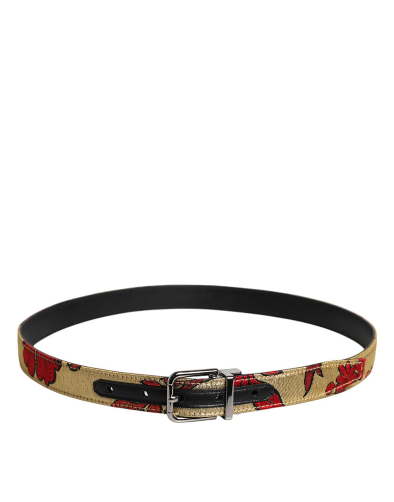 Dolce &amp; Gabbana gouden bloemen jacquard leren metalen gesp riem
