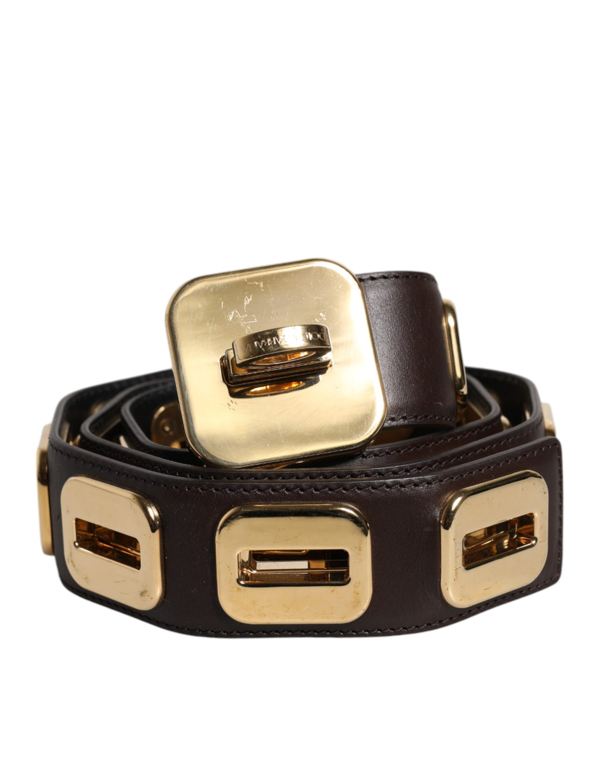 Dolce & Gabbana Ceinture en Cuir Brun Foncé avec Boucle Rotative Dorée