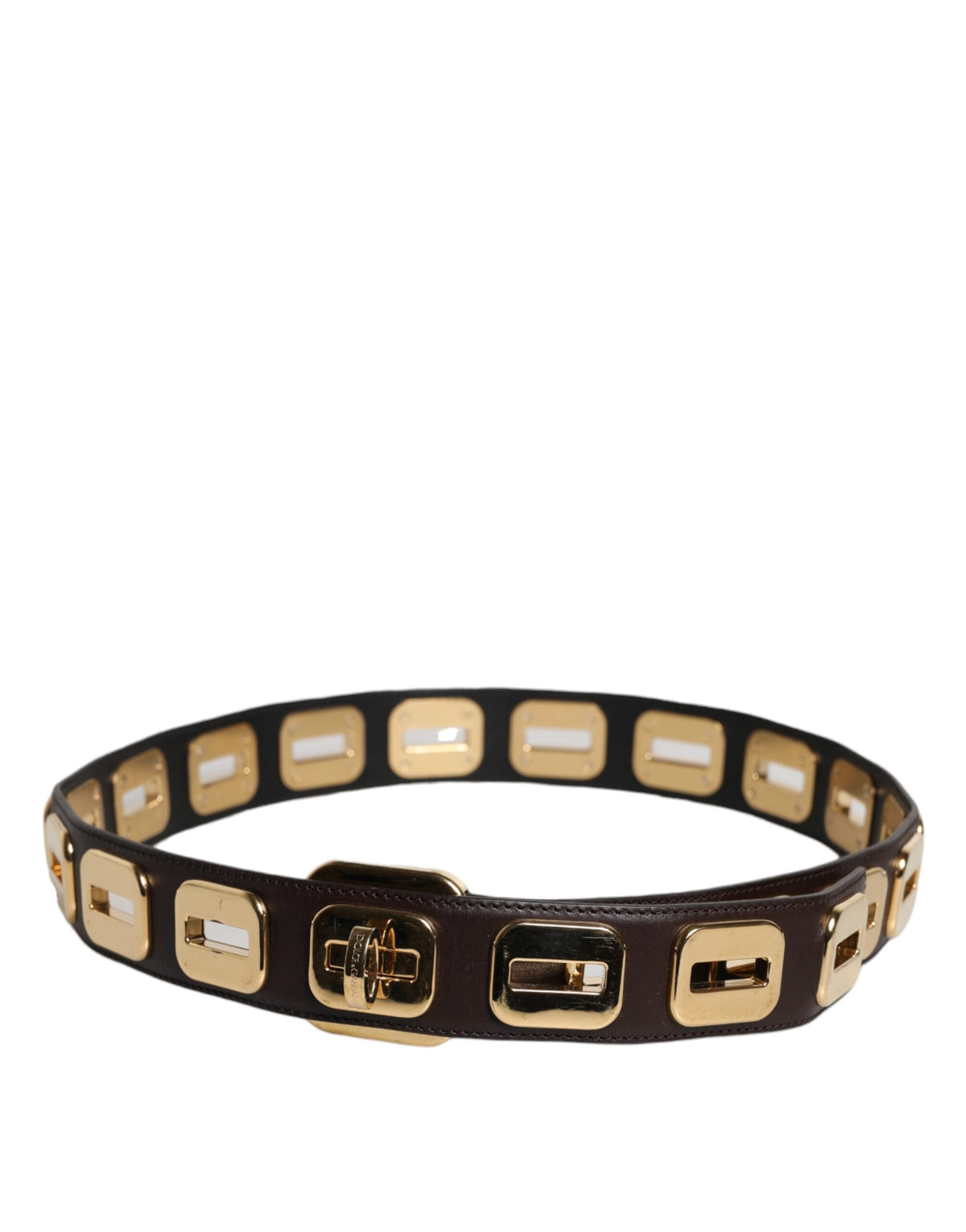 Dolce & Gabbana Ceinture en Cuir Brun Foncé avec Boucle Rotative Dorée