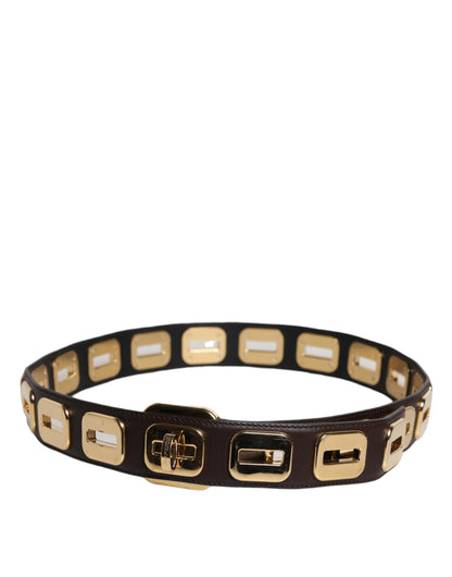 Ceinture Dolce & Gabbana en cuir marron foncé avec boucle rotative dorée