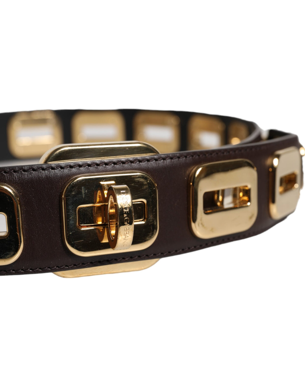 Dolce & Gabbana Ceinture en Cuir Brun Foncé avec Boucle Rotative Dorée