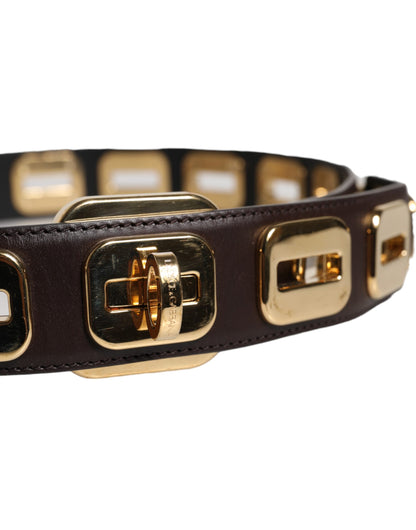 Ceinture Dolce & Gabbana en cuir marron foncé avec boucle rotative dorée