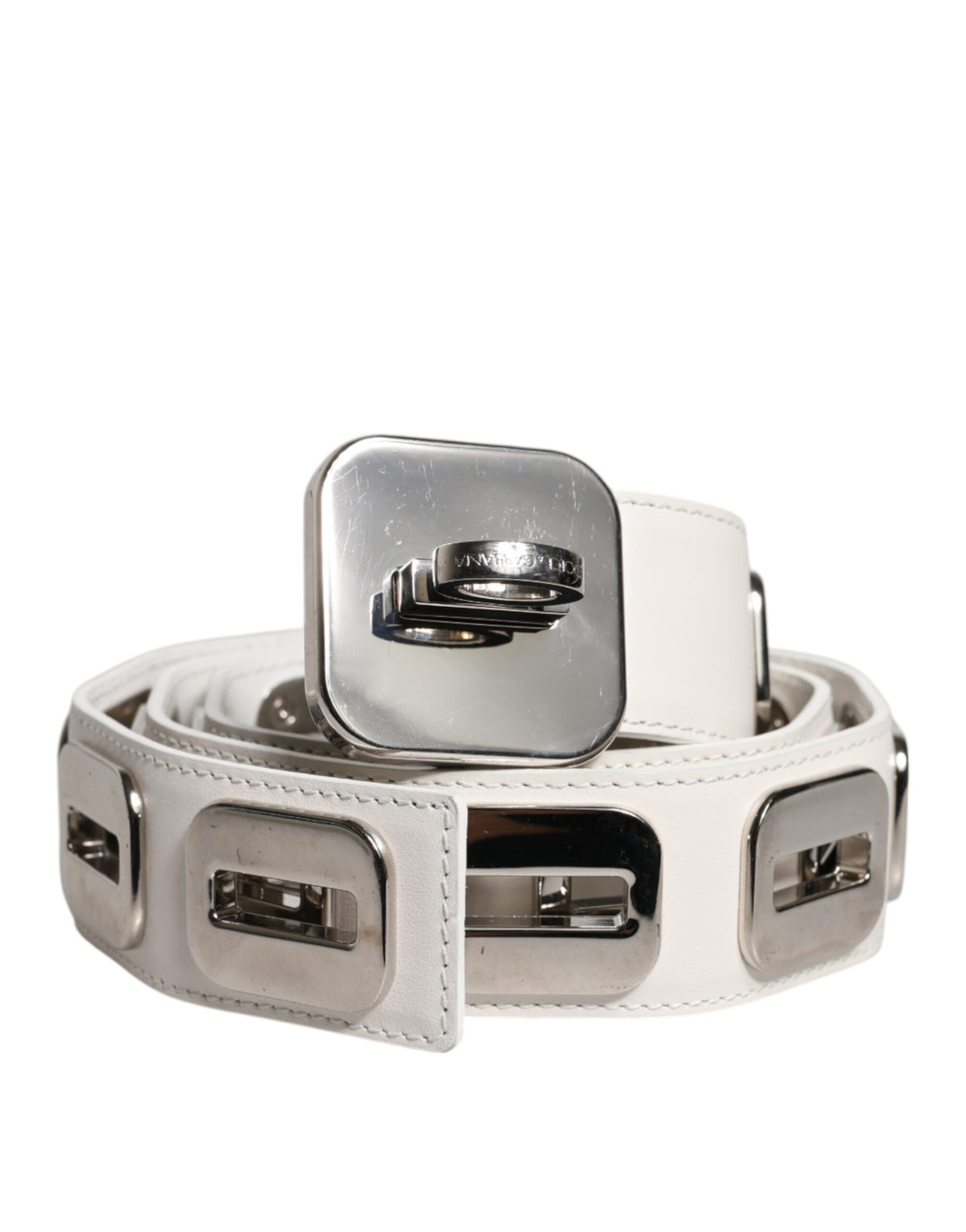 Dolce & Gabbana Ceinture en Cuir Blanc avec Boucle Rotative Dorée