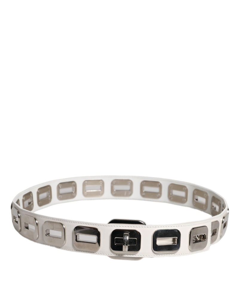 Dolce & Gabbana White Leather Gold Tone Rotating Buckle Belt