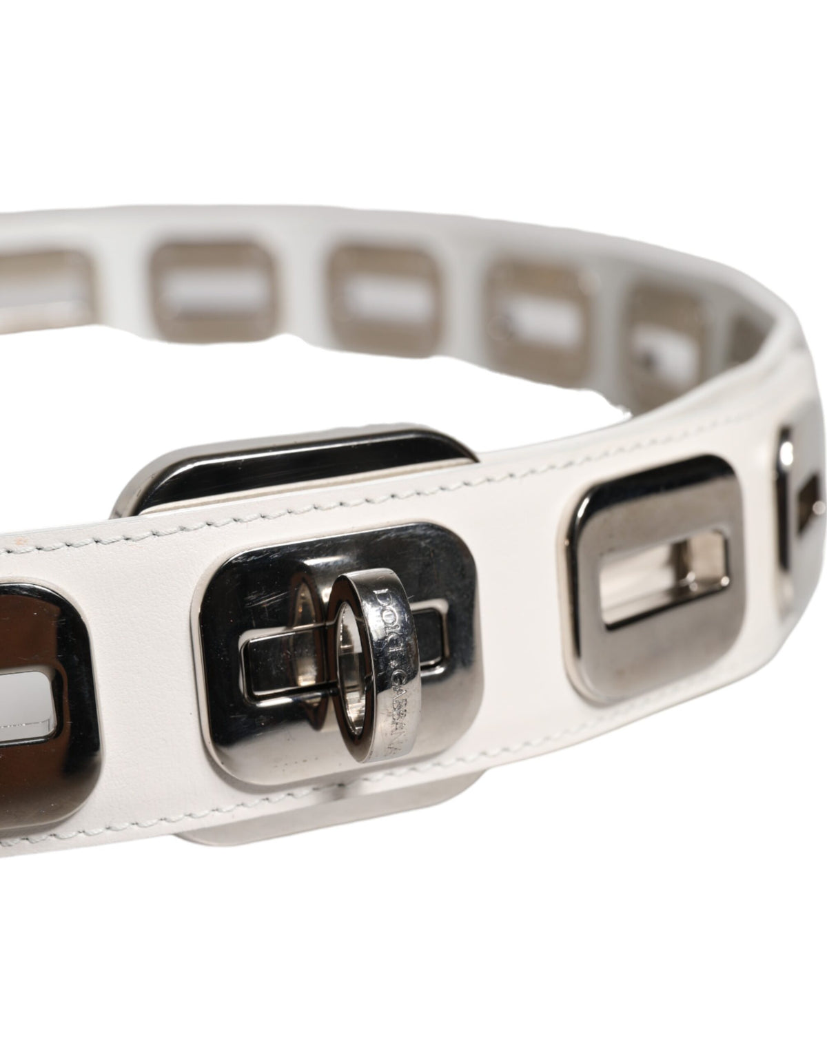 Dolce & Gabbana Ceinture en Cuir Blanc avec Boucle Rotative Dorée