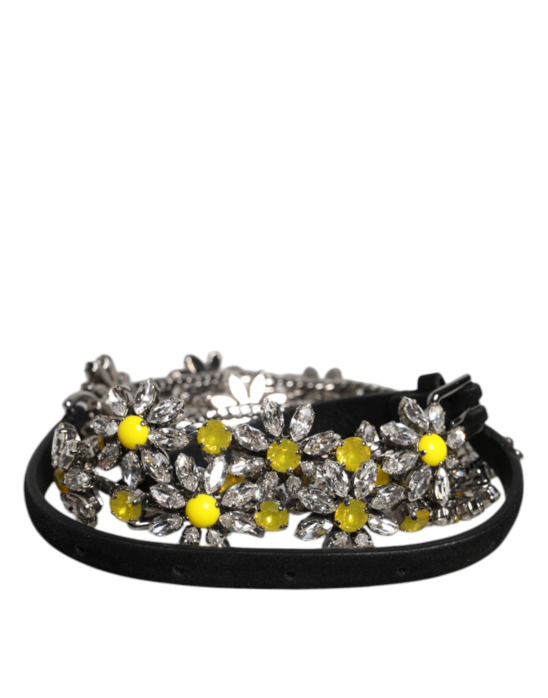 Dolce & Gabbana Ceinture Taille en Cuir Noir avec Cristaux Marguerite
