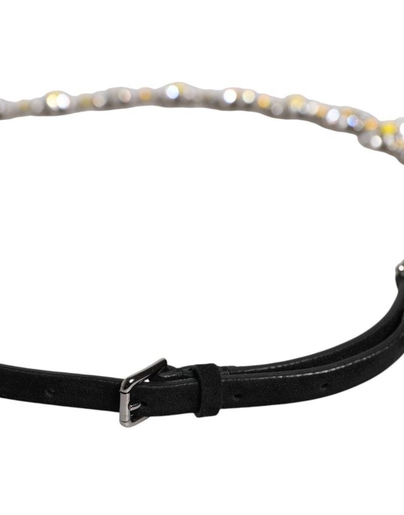 Dolce & Gabbana Ceinture Taille en Cuir Noir avec Cristaux Marguerite