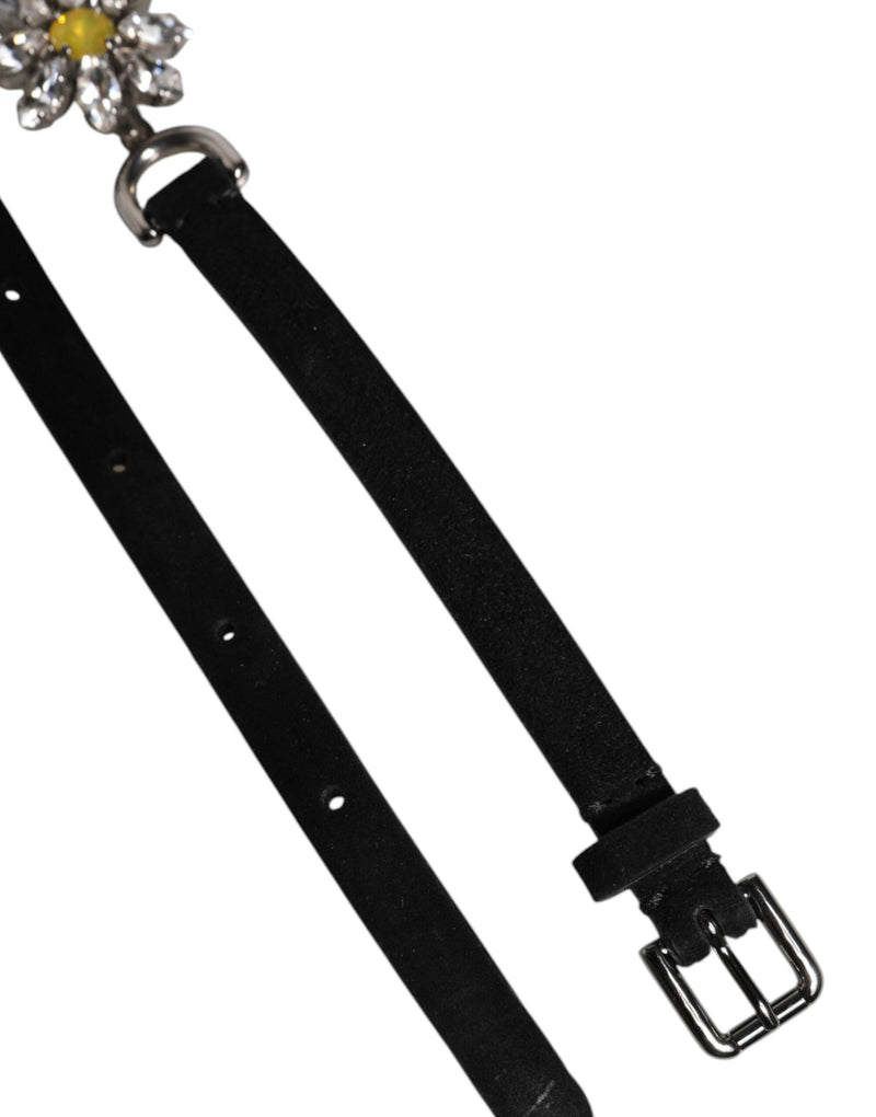 Dolce & Gabbana Ceinture Taille en Cuir Noir avec Cristaux Marguerite