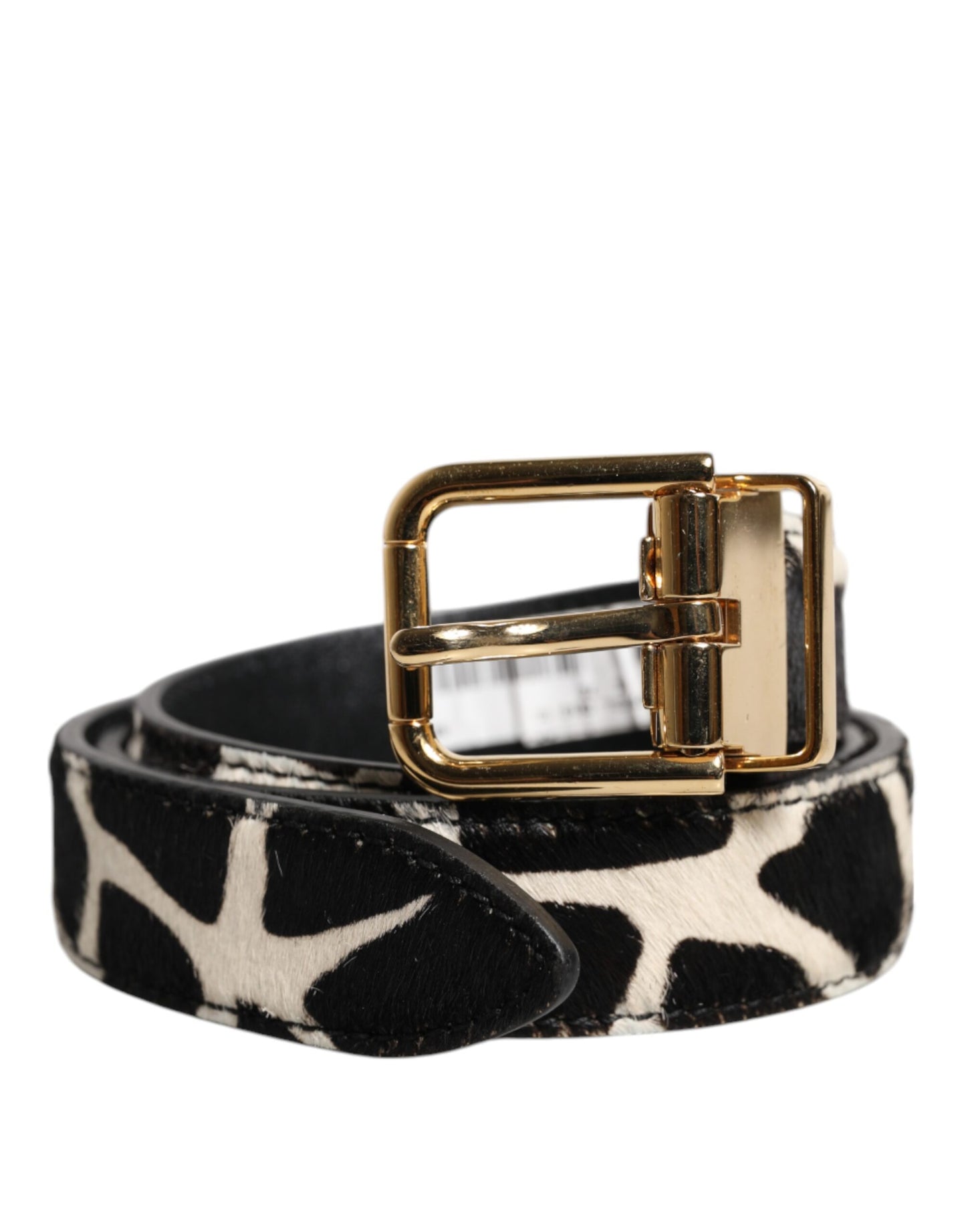 Dolce & Gabbana Bruine Witte Pony Leren Riem met Metalen Gesp