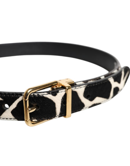 Dolce & Gabbana Bruine Witte Pony Leren Riem met Metalen Gesp