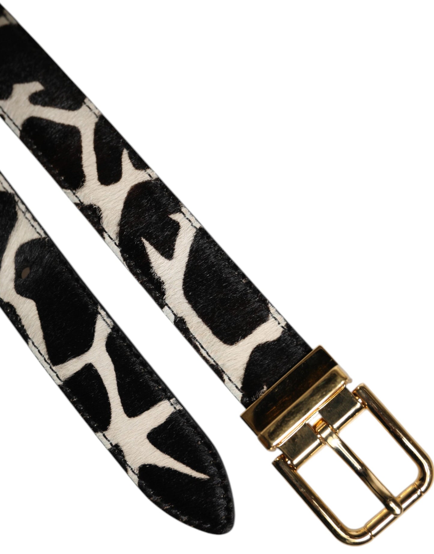 Dolce & Gabbana Bruine Witte Pony Leren Riem met Metalen Gesp