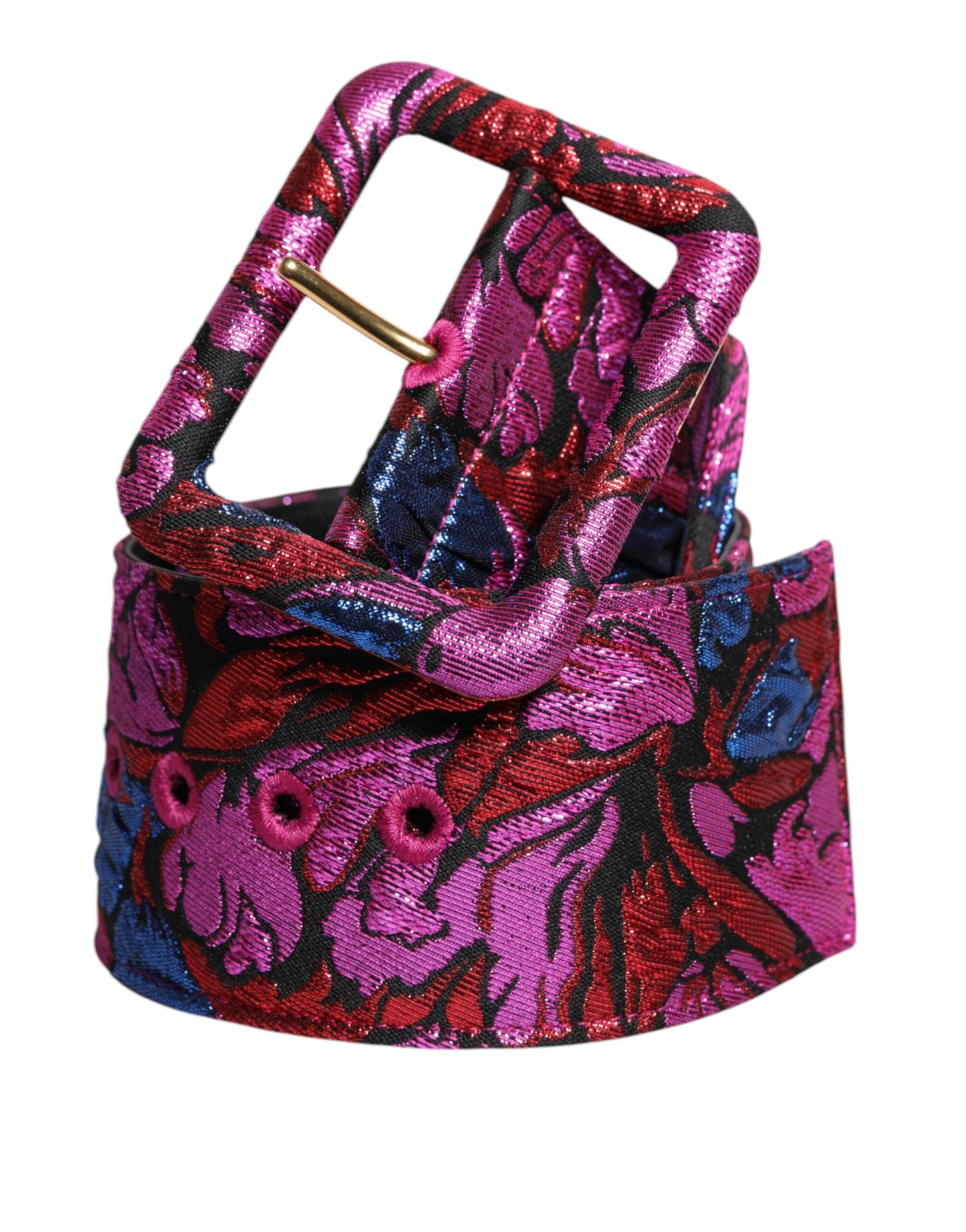 Dolce & Gabbana Multicolor Floral Jacquard Lurex Brede Taille Gesp Riem