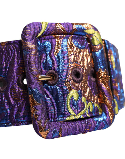 Dolce & Gabbana Multicolor Floral Jacquard Lurex Brede Taille Gesp Riem