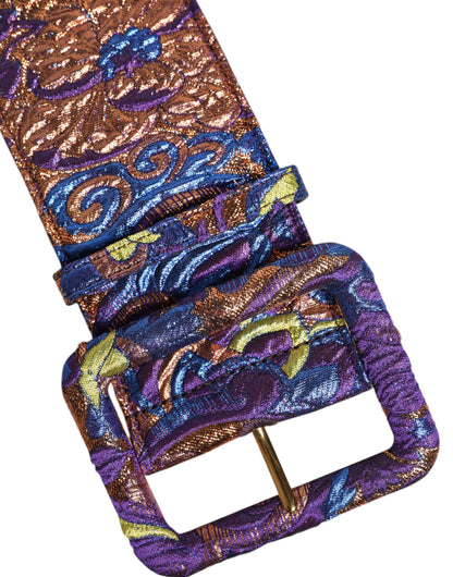 Dolce & Gabbana Multicolor Floral Jacquard Lurex Brede Taille Gesp Riem
